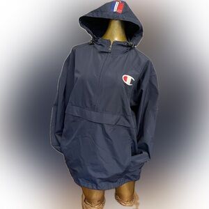 vented pocketed hooded CHAMPION pullover windbreaker in navy blue